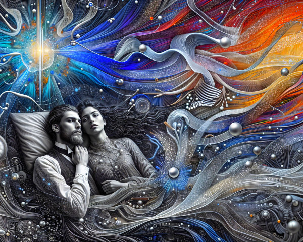 Surreal Couple Surrounded by Vibrant Dreamlike Patterns