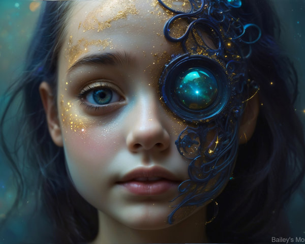 Young girl with blue eyes and steampunk mechanical eye