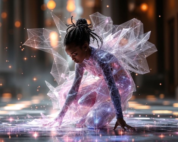 Young figure in translucent geometric outfit on reflective surface