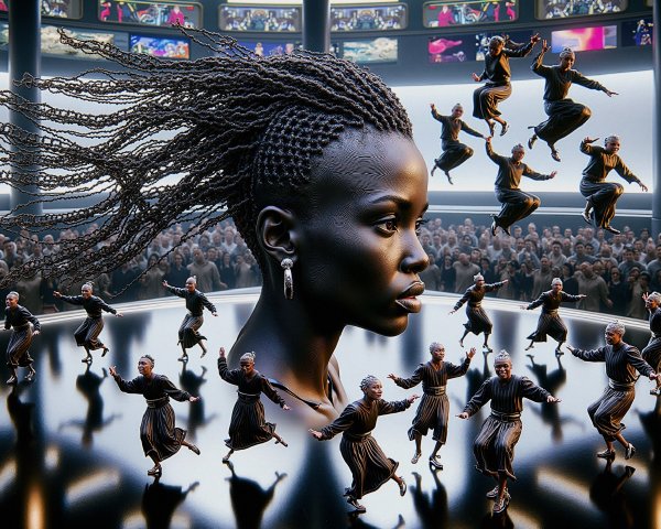 Sculpted Woman's Head Amidst Dynamic Dance Performance