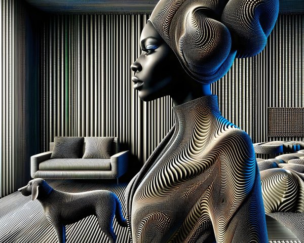 Abstract Figure of Woman with Dog in Striped Room