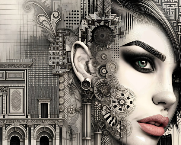 Stylized Female Face with Geometric Patterns and Motifs