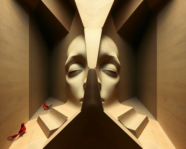 Surreal Abstract Facial Sculpture in Geometric Space