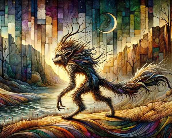Whimsical Creature by a Colorful Riverbank Landscape