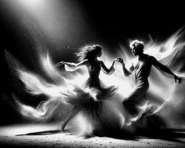 Black-and-White Dance Scene with Ethereal Motion