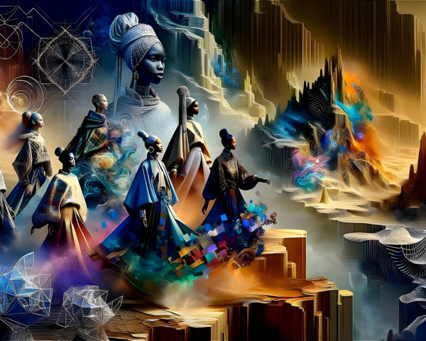 Surreal Landscape with Elegant Figures and Vivid Colors