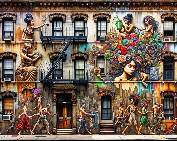 Vibrant Mural Featuring Colorful Figures and Designs