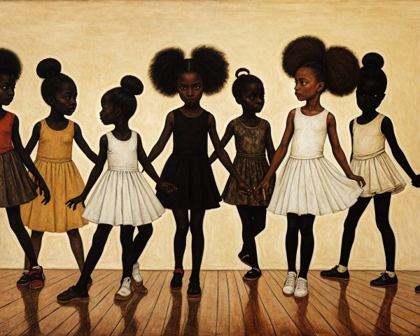 Group of Nine Young Black Girls in Coordinated Outfits