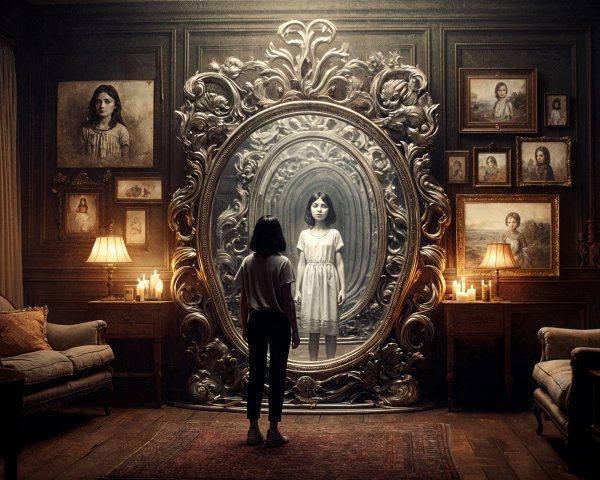Young girl in vintage mirror in opulent dim room