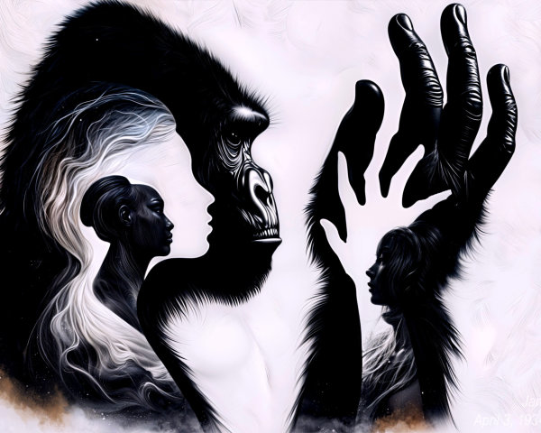 Monochromatic Artwork of Gorilla and Human Silhouettes