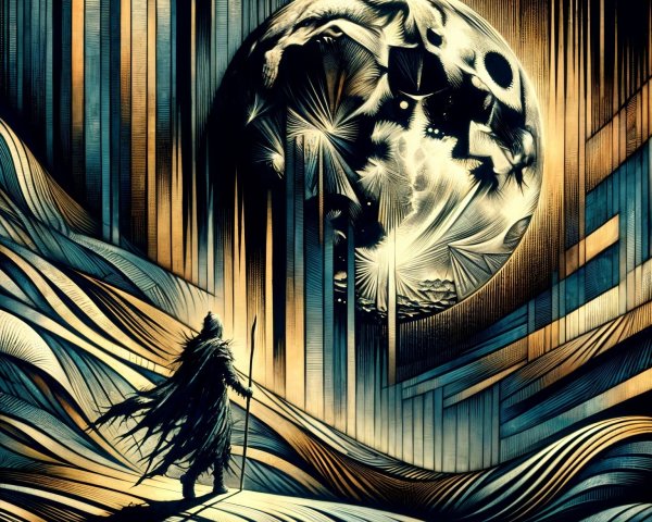 Solitary Figure on Dunes Under a Giant Moon