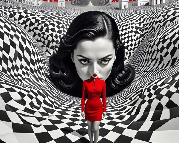 Black-and-white landscape with surreal checkered pattern