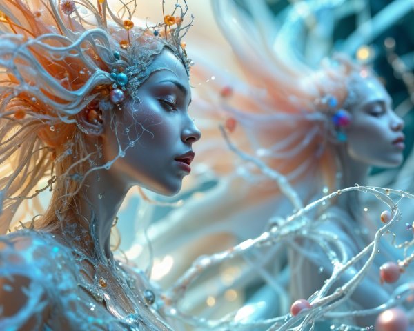 Ethereal Figures Surrounded by Underwater Flora Elements