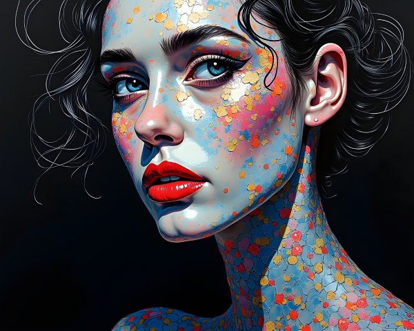 Portrait of a Woman with Blue Eyes and Floral Patterns