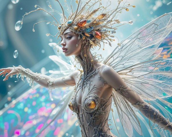 Fairy Figure with Iridescent Wings and Jewelry