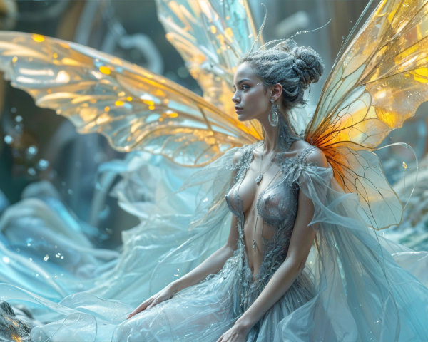 Serene figure in translucent garments with ethereal wings