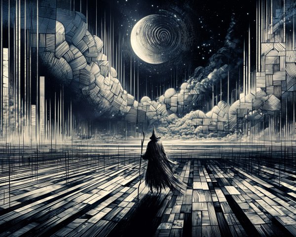 Cloaked Figure on Wooden Path in Surreal Landscape