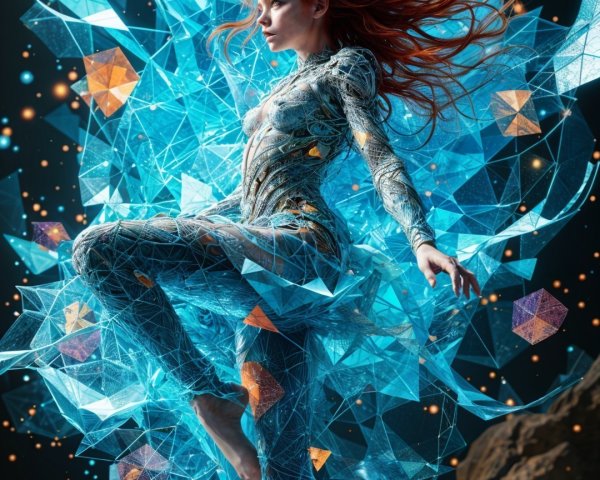 Barefoot Woman in Bodysuit Against Geometric Background