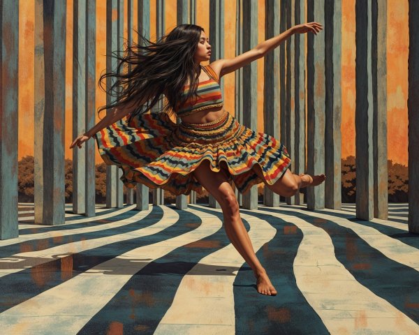 Dancer in Colorful Dress Twirling on Striped Floor