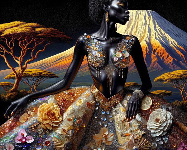 Elegant Gown with Floral Design Against Mountain Backdrop