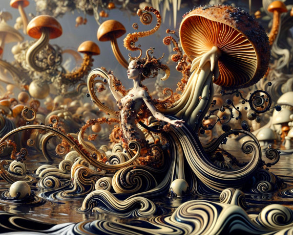 Intricate Figure Amid Surreal Mushrooms and Forms