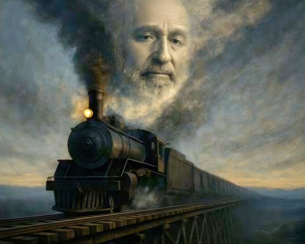 Surreal Digital Painting of Steam Train and Misty Valley