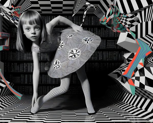 Surreal Black-and-White Scene with Optical Illusions