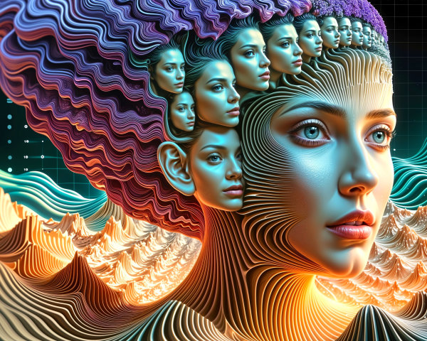 Surreal Digital Artwork of Woman's Face with Smaller Faces