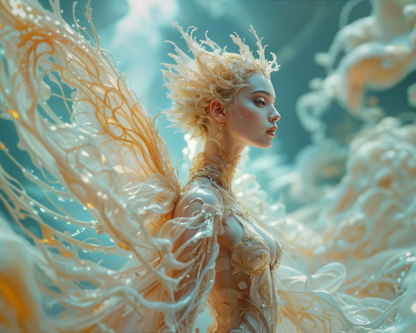 Celestial Figure with Intricate Wings in Dreamy Light