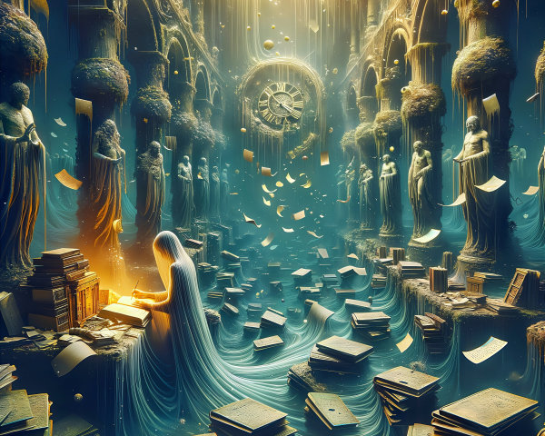 Mystical Library with Floating Books and Golden Light