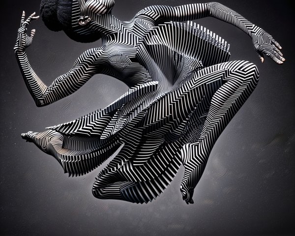 Dynamic Figure with Black and White Stripes in Mid-Air