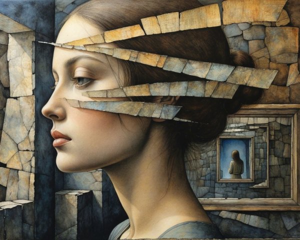 Side Profile of Young Woman in Fragmented Reflection