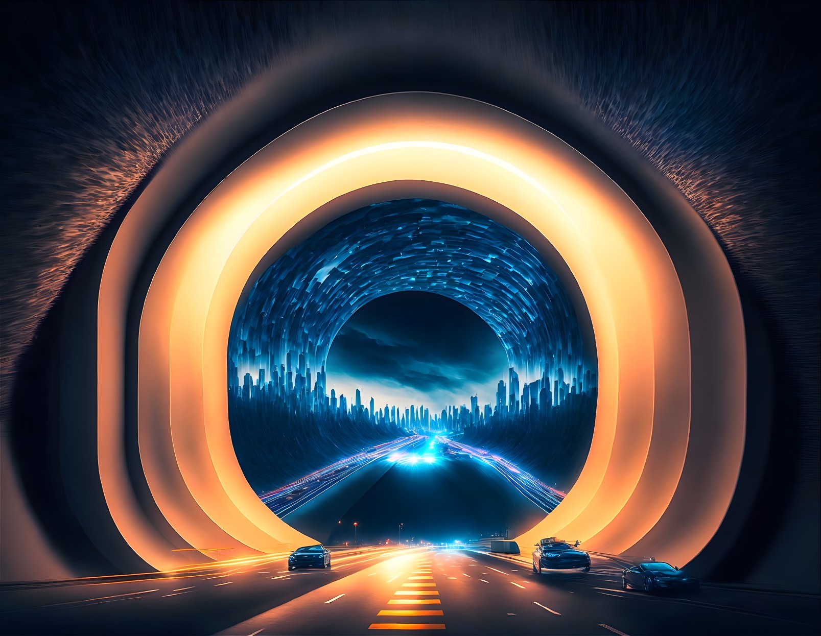 Futuristic Tunnel with Luminous Walls and City Skyline