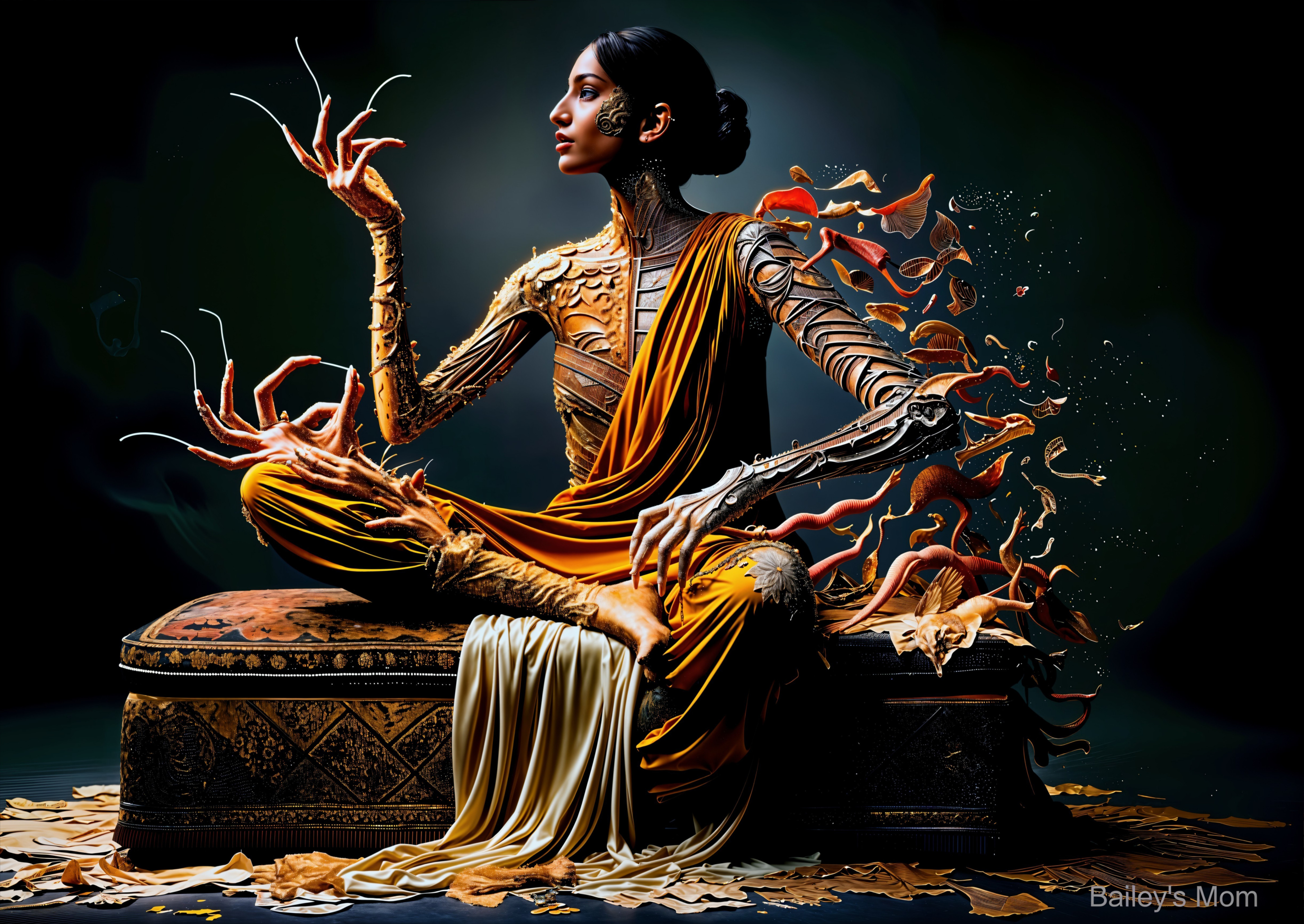 Meditative Figure with Metallic Elements and Flames