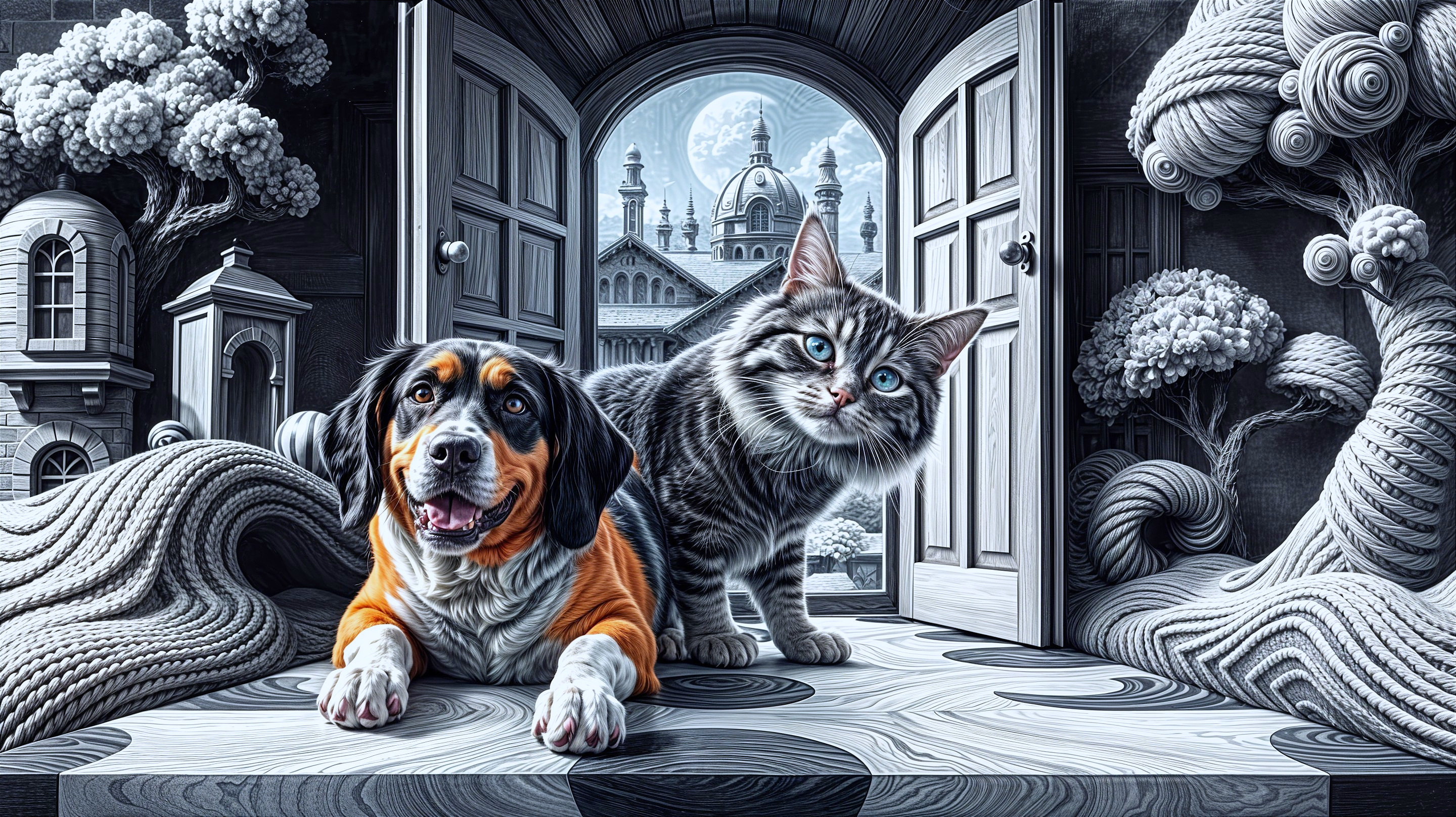 Whimsical Black-and-White Scene of Animals and Landscape