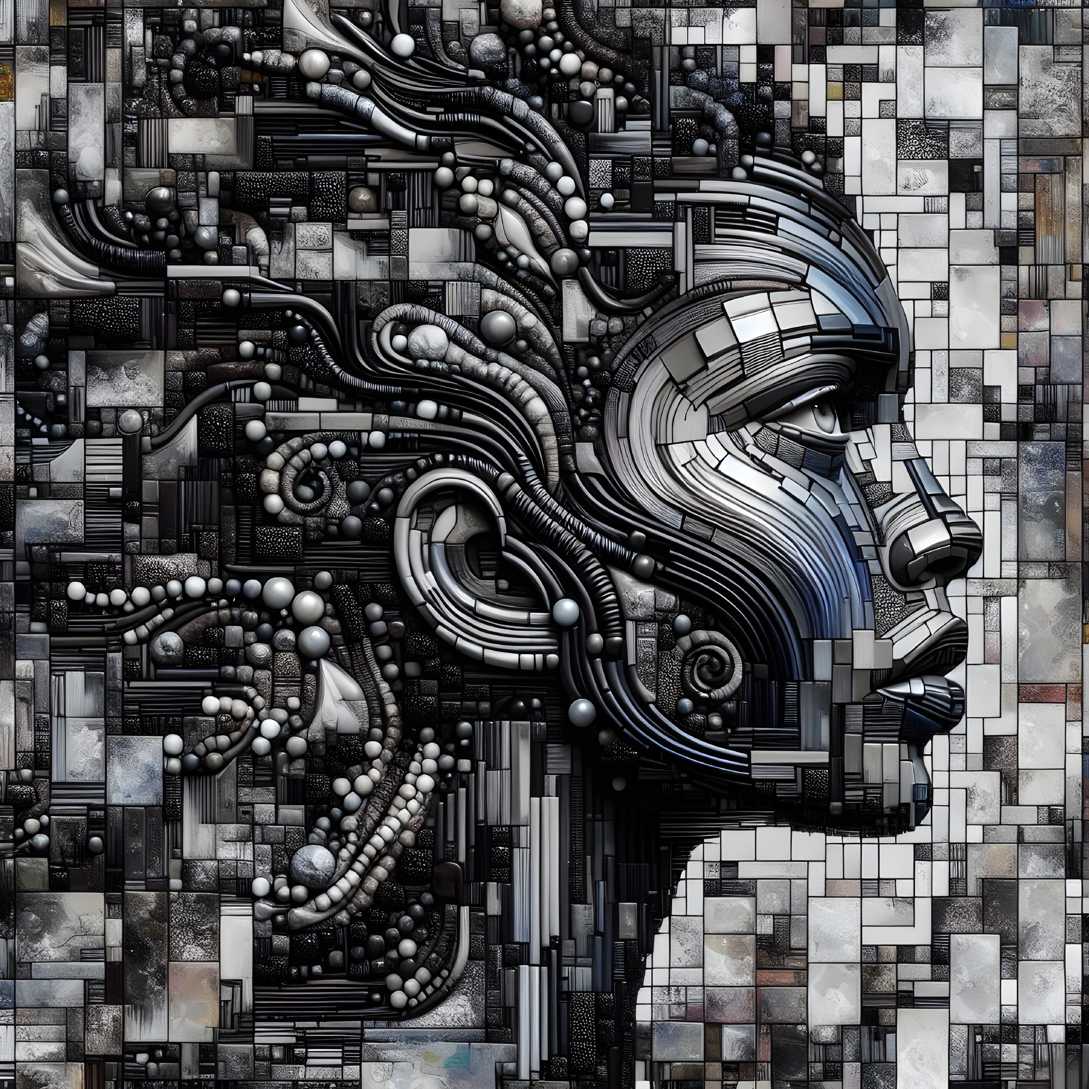 Abstract Mosaic of a Female Face in Metallic Textures