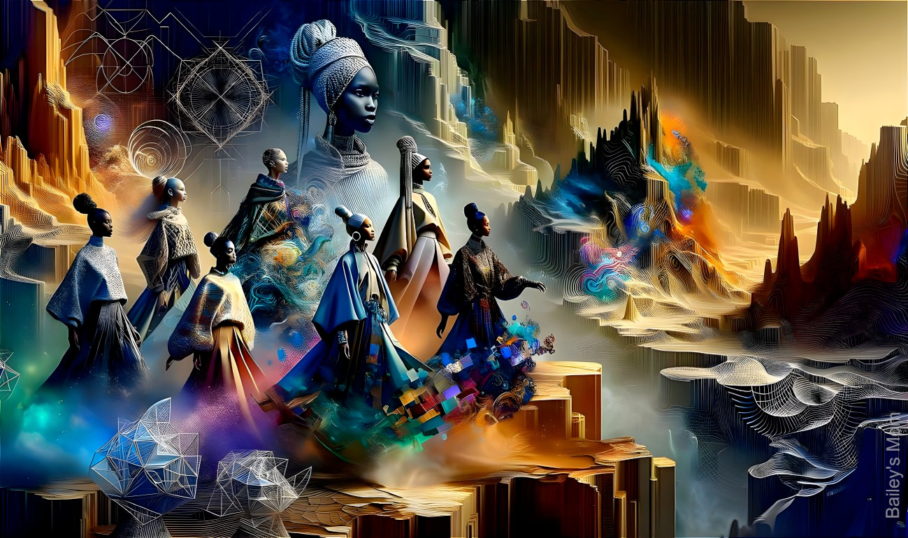 Surreal Landscape with Elegant Figures and Vivid Colors