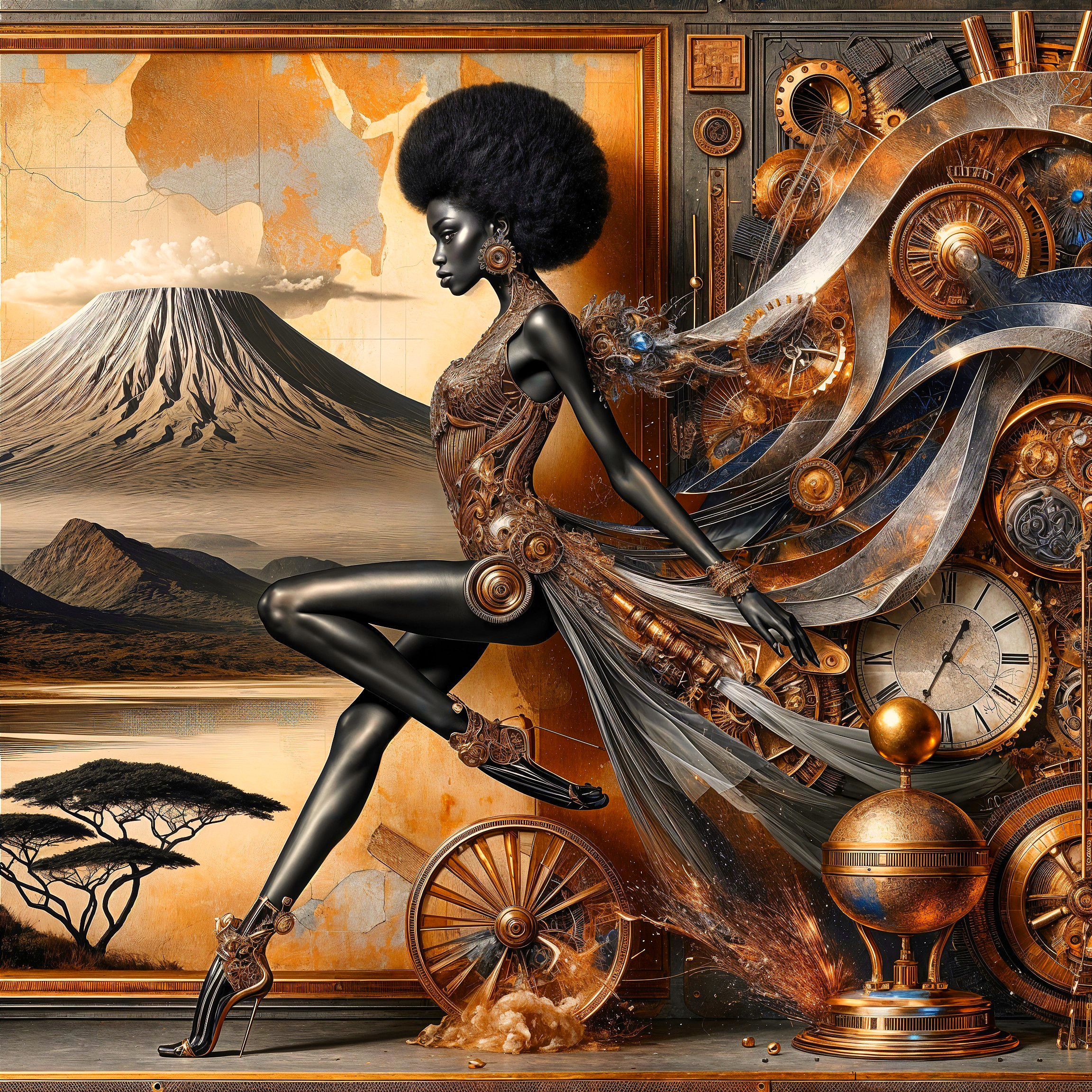 Steampunk Figure Amidst Volcano and Acacia Trees