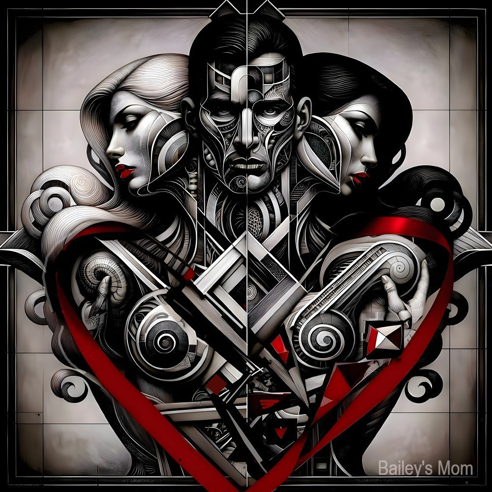 Stylized Artwork of Intertwined Human and Robotic Figures