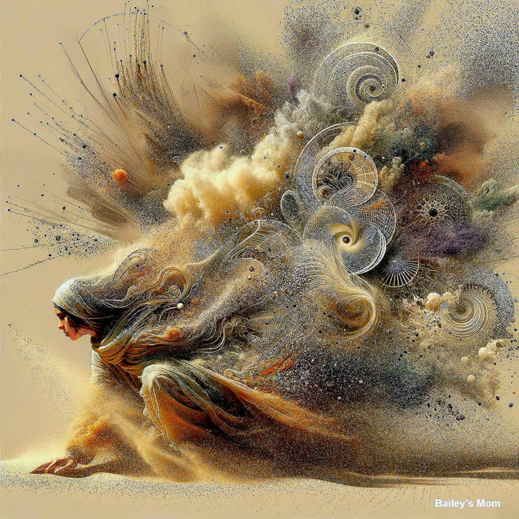 Woman in Flowing Garments Amidst Colorful Swirls