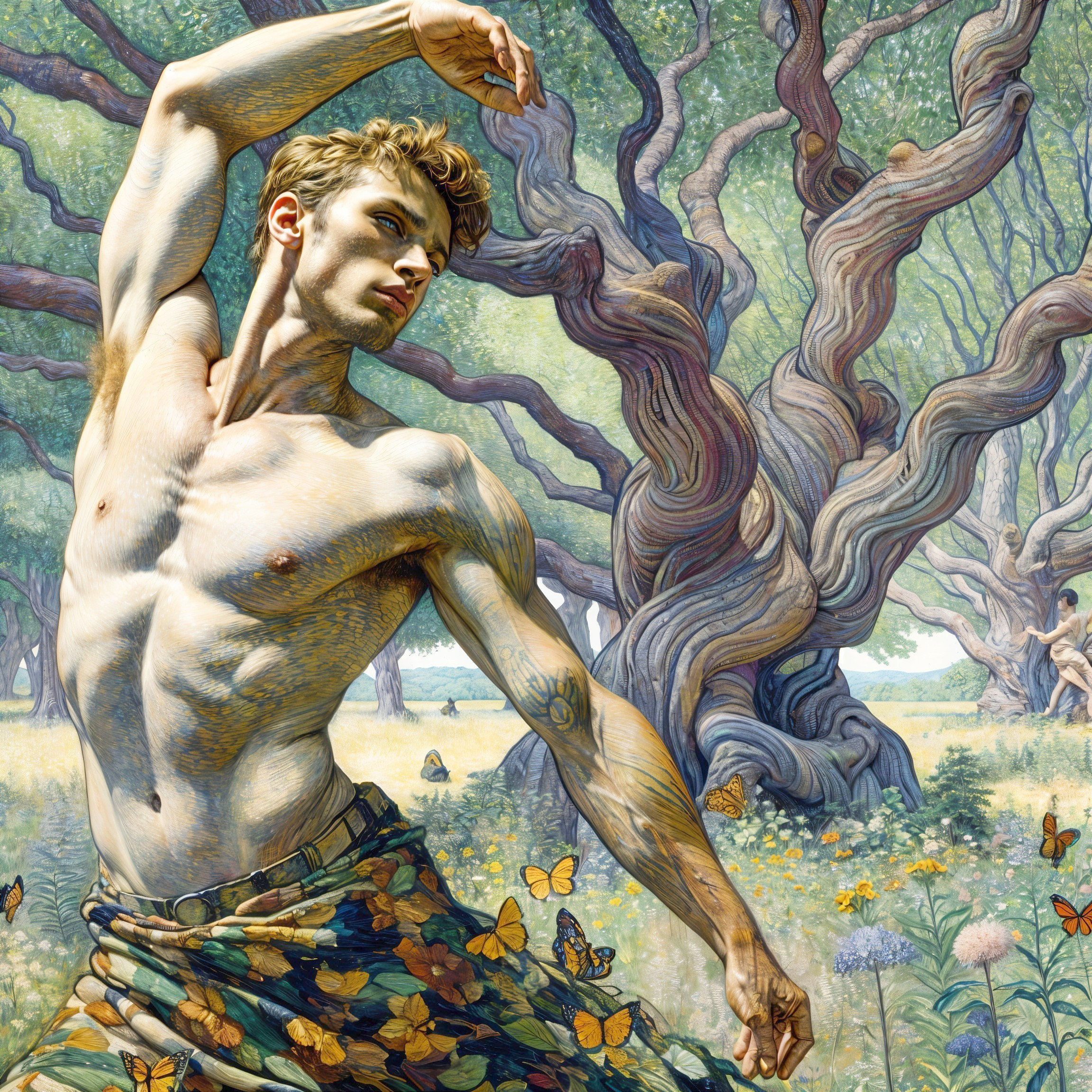 Muscular Young Man Dancing in Blooming Field