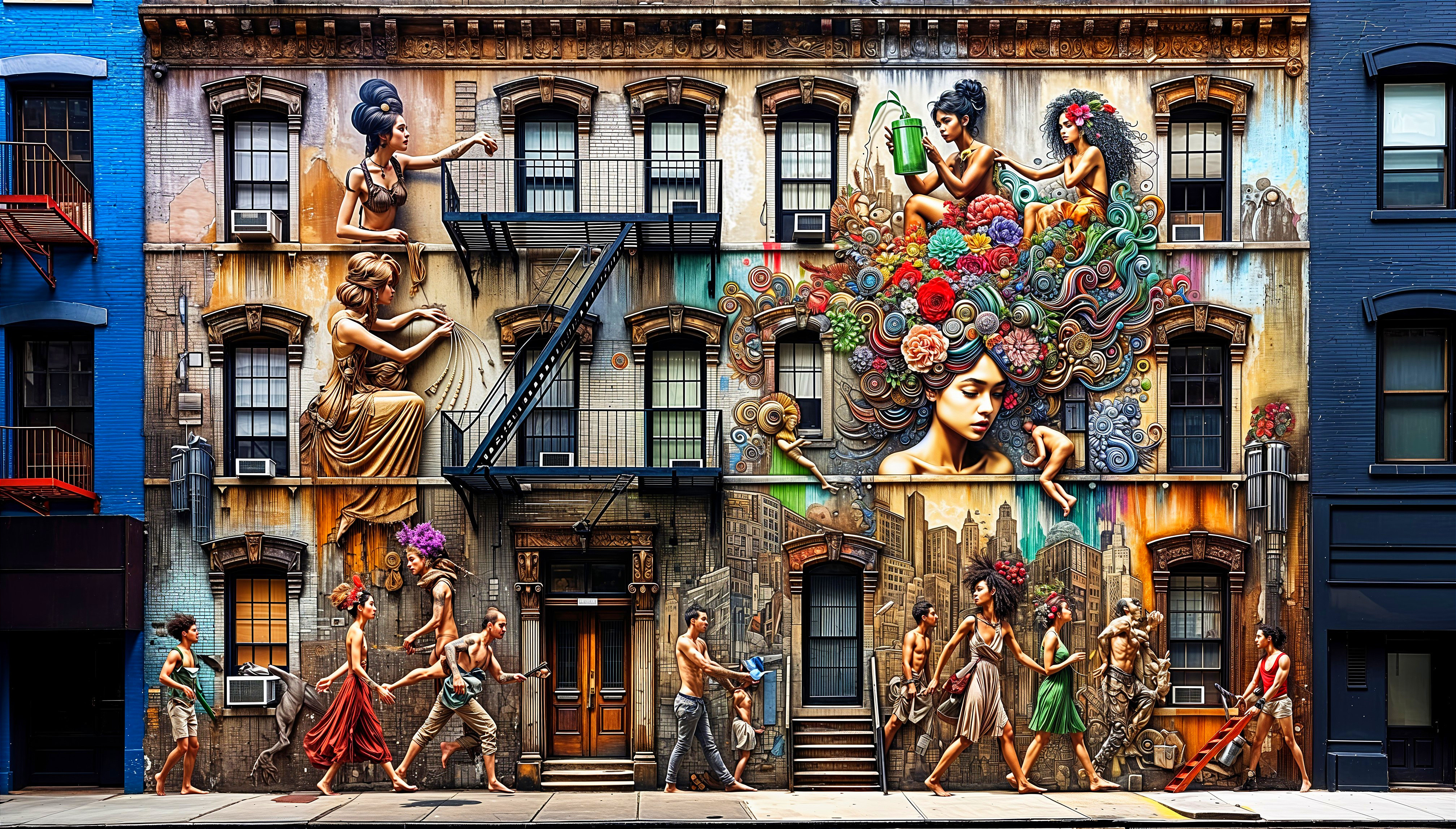 Vibrant Mural Featuring Colorful Figures and Designs