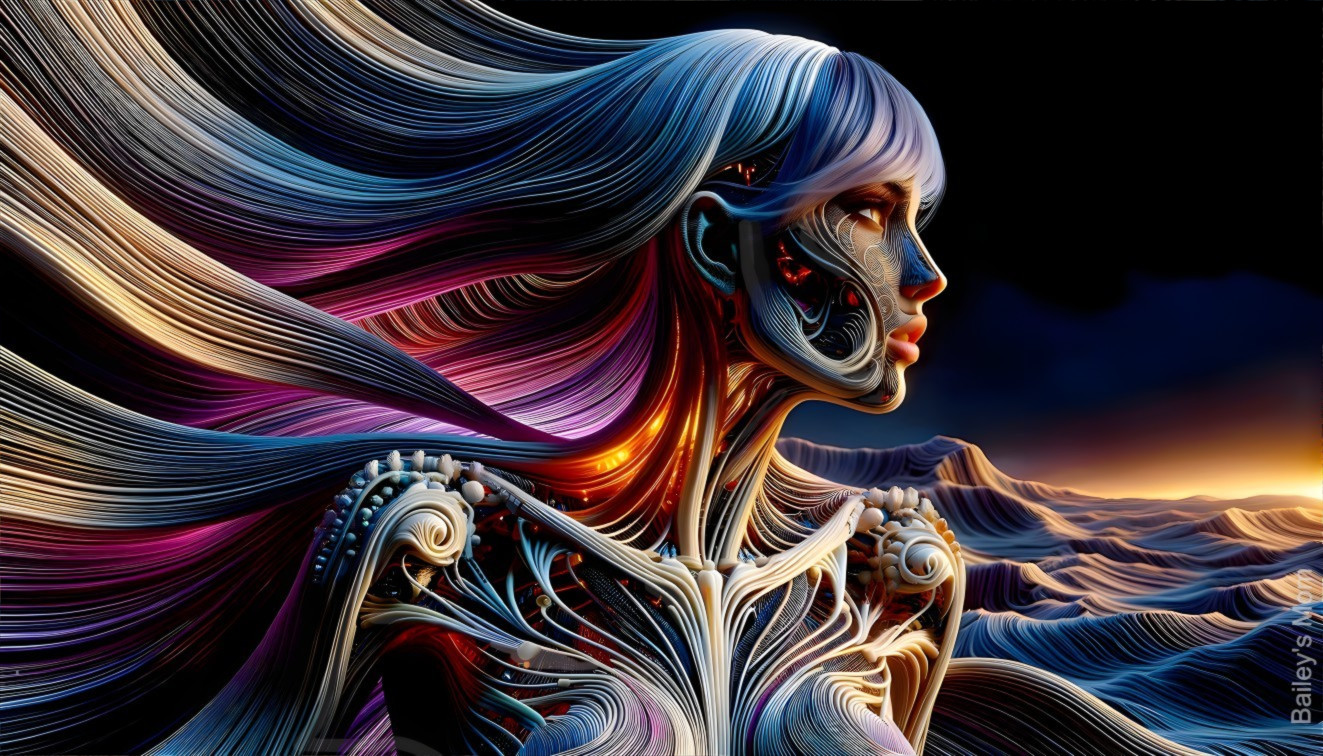 Surreal Humanoid Figure with Vibrant Hair and Details
