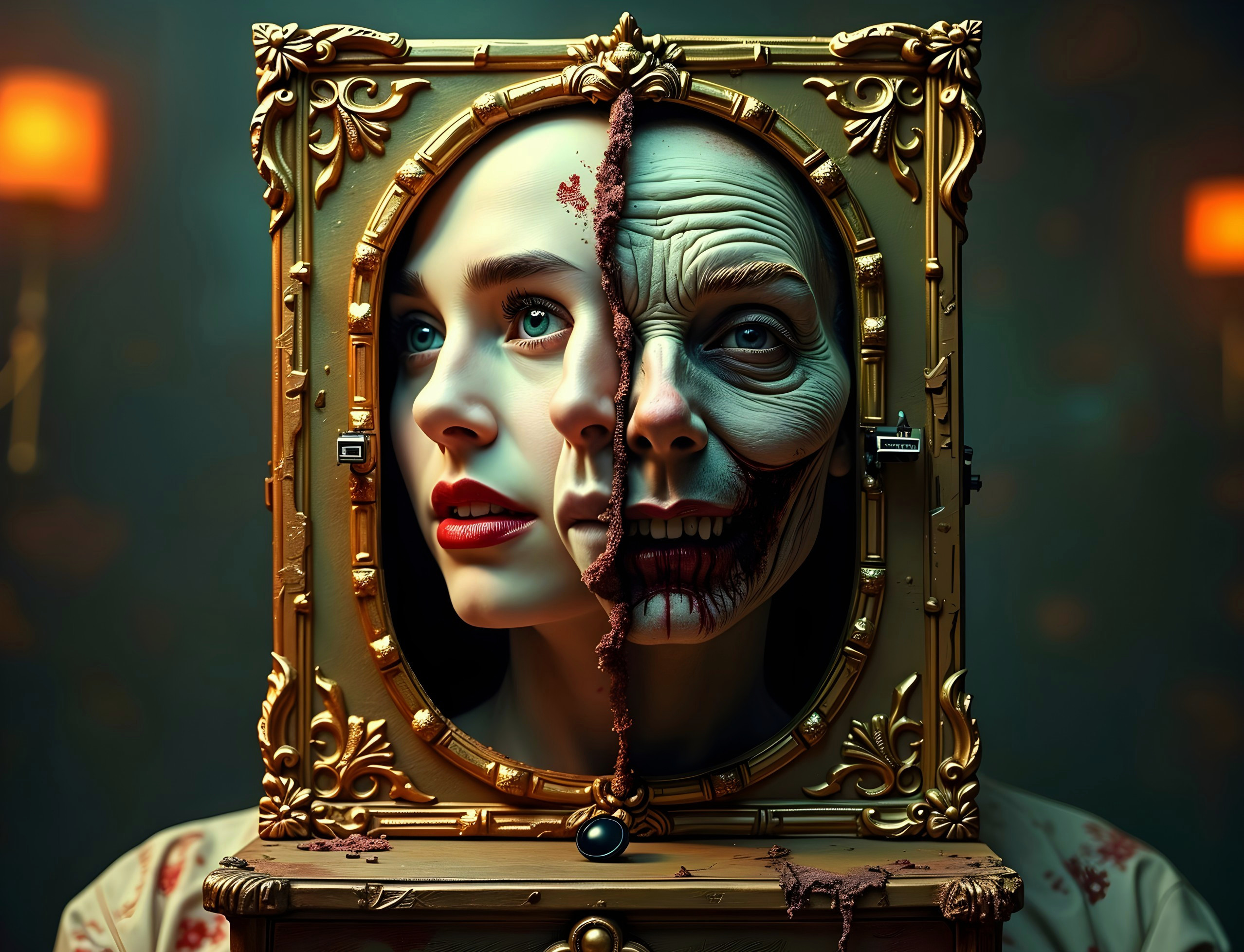 Duality of Beauty and Horror in a Vintage Mirror