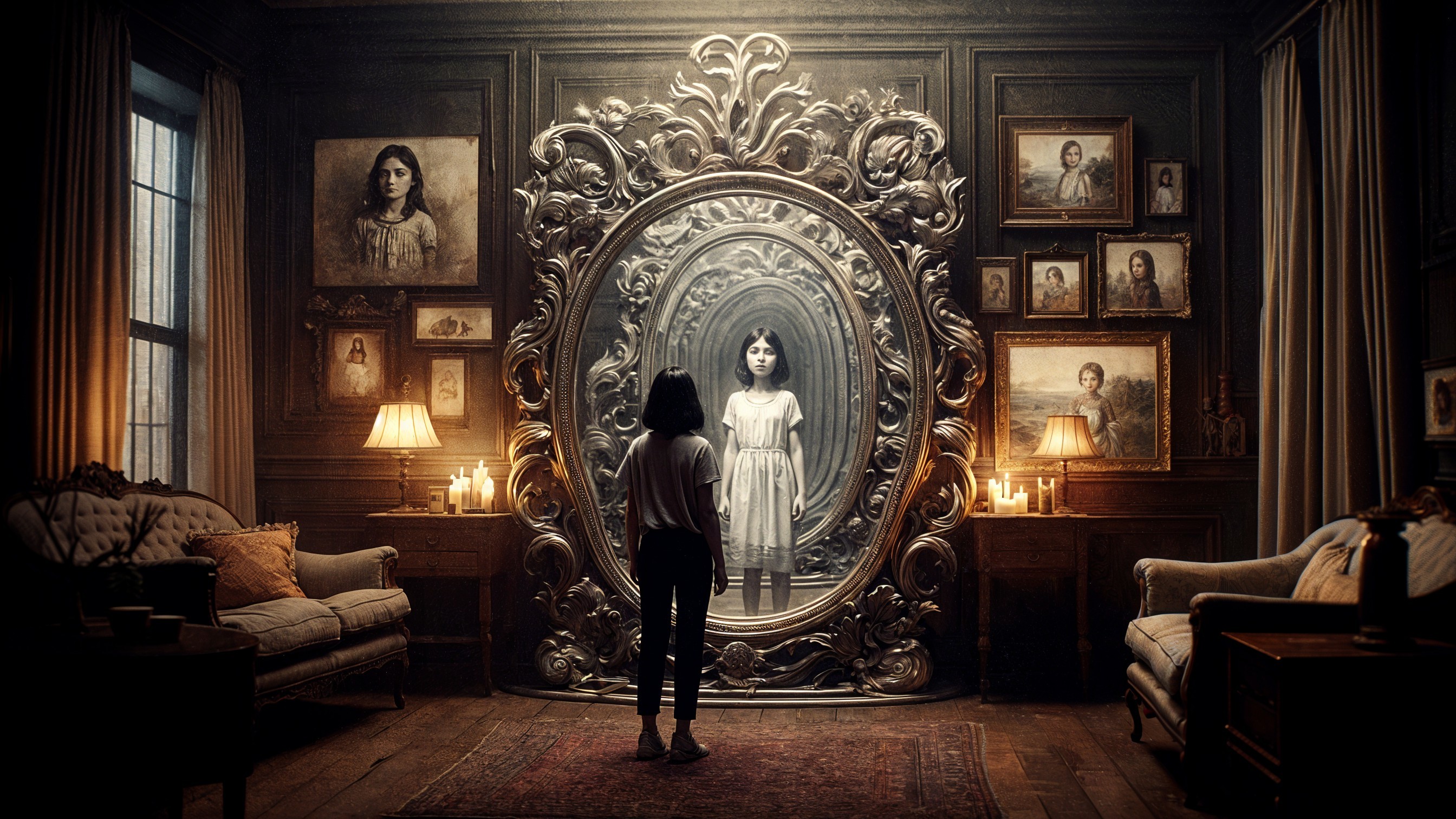Young girl in vintage mirror in opulent dim room