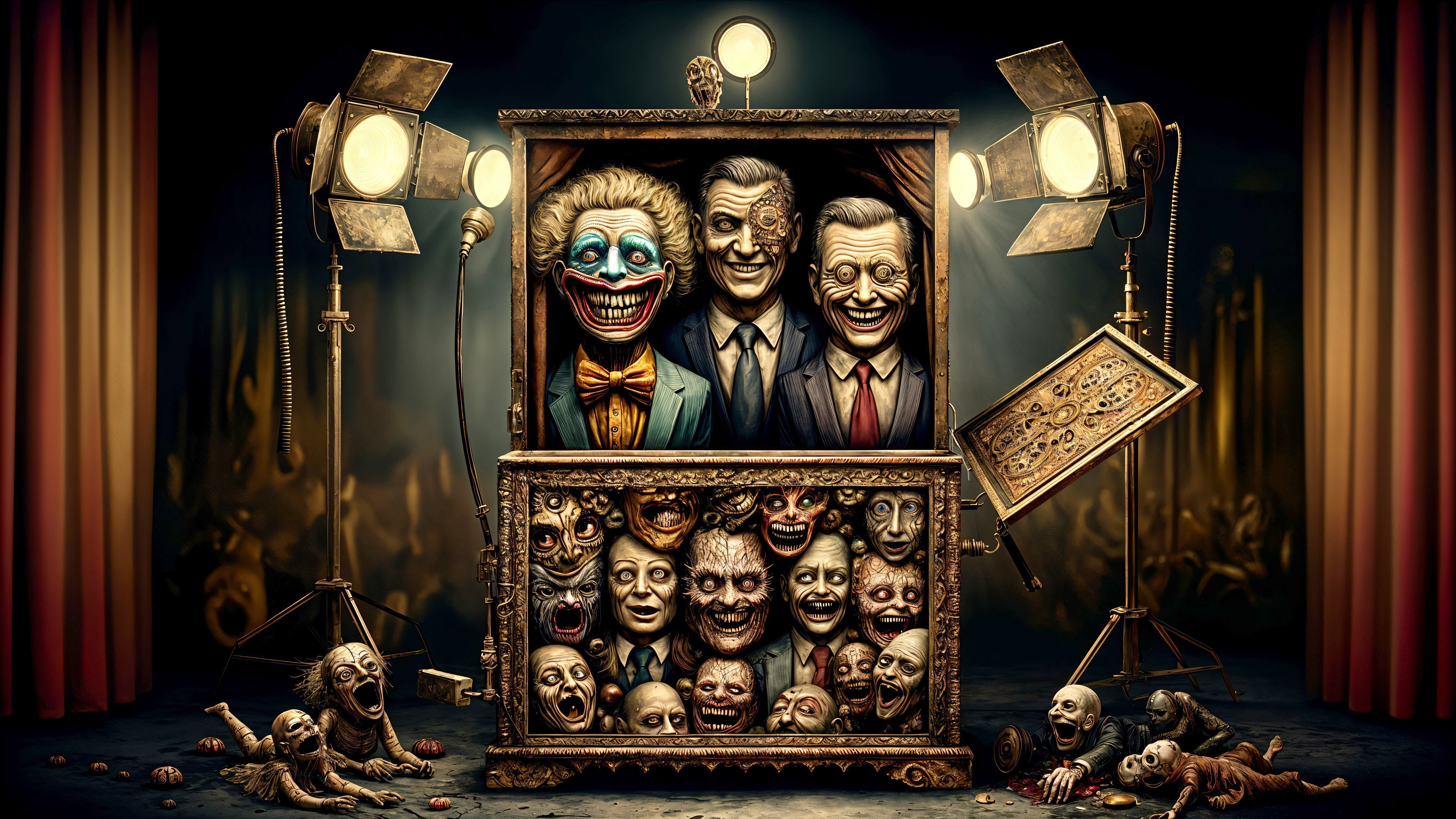 Surreal Vintage Stage with Grotesque Figures and Lights
