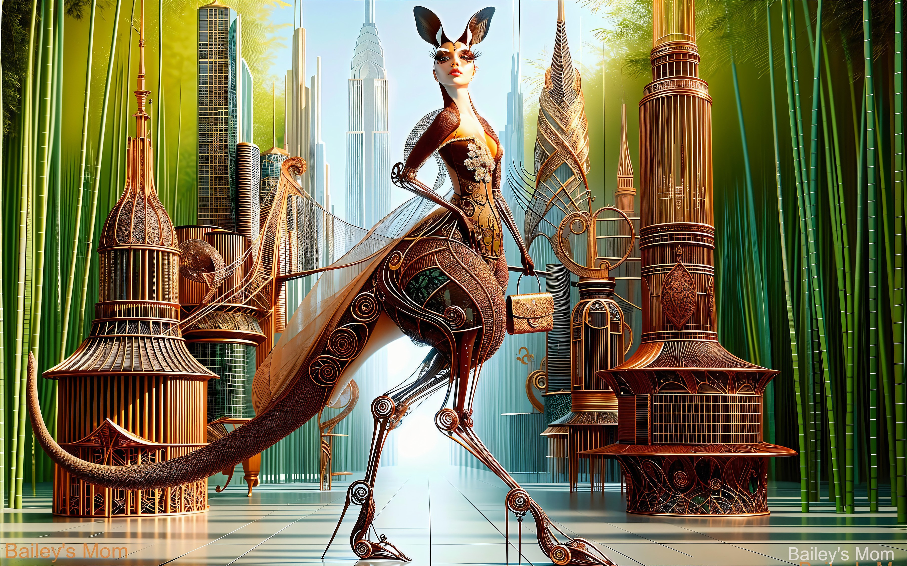 Futuristic humanoid kangaroo in high-tech cityscape