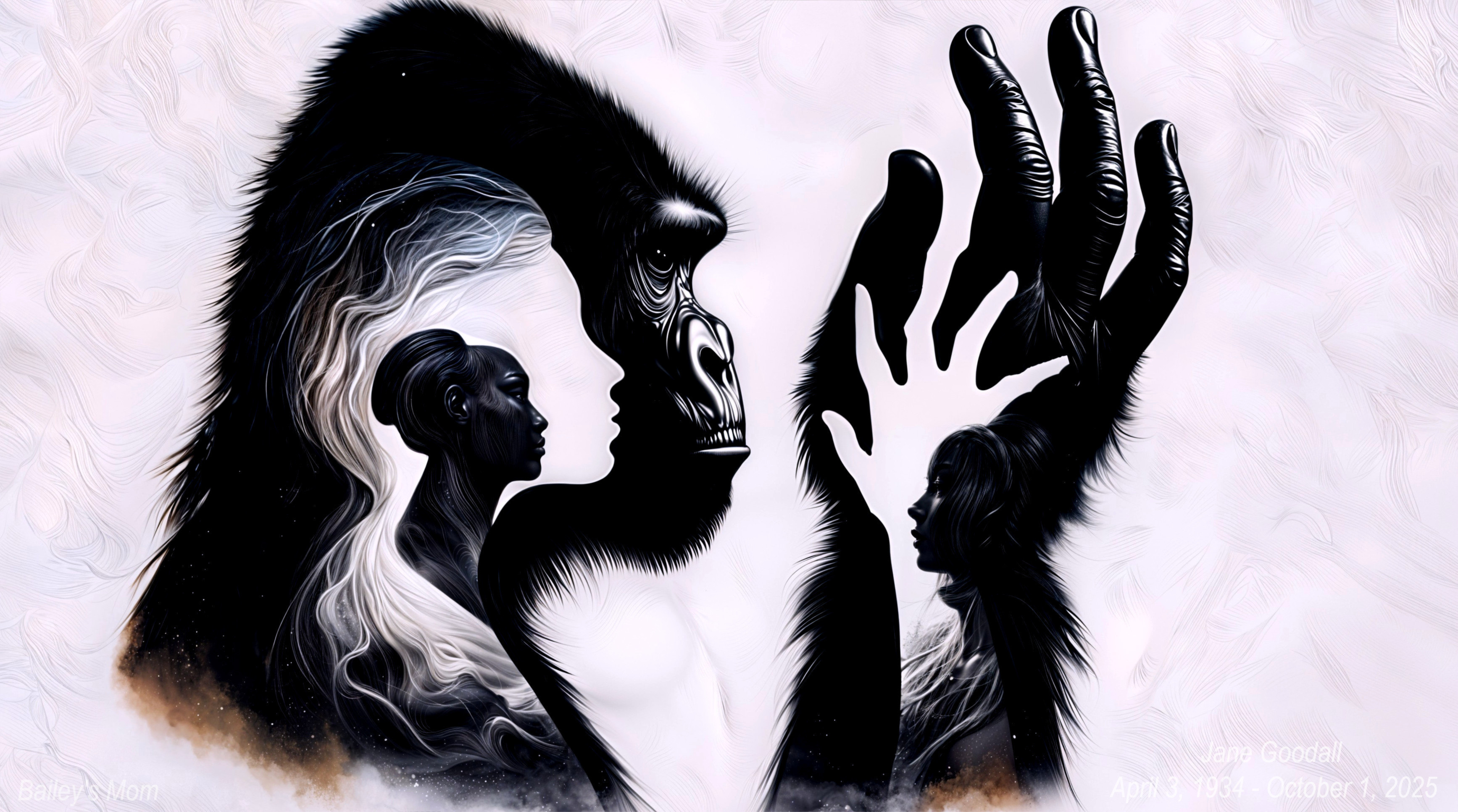 Monochromatic Artwork of Gorilla and Human Silhouettes