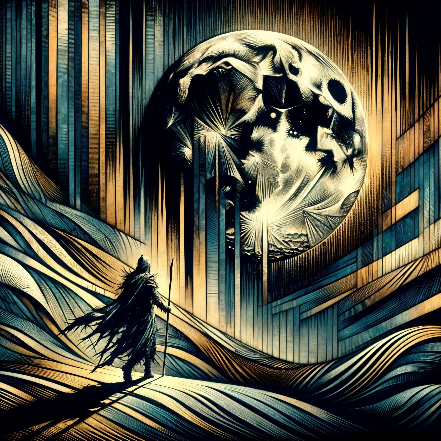 Solitary Figure on Dunes Under a Giant Moon