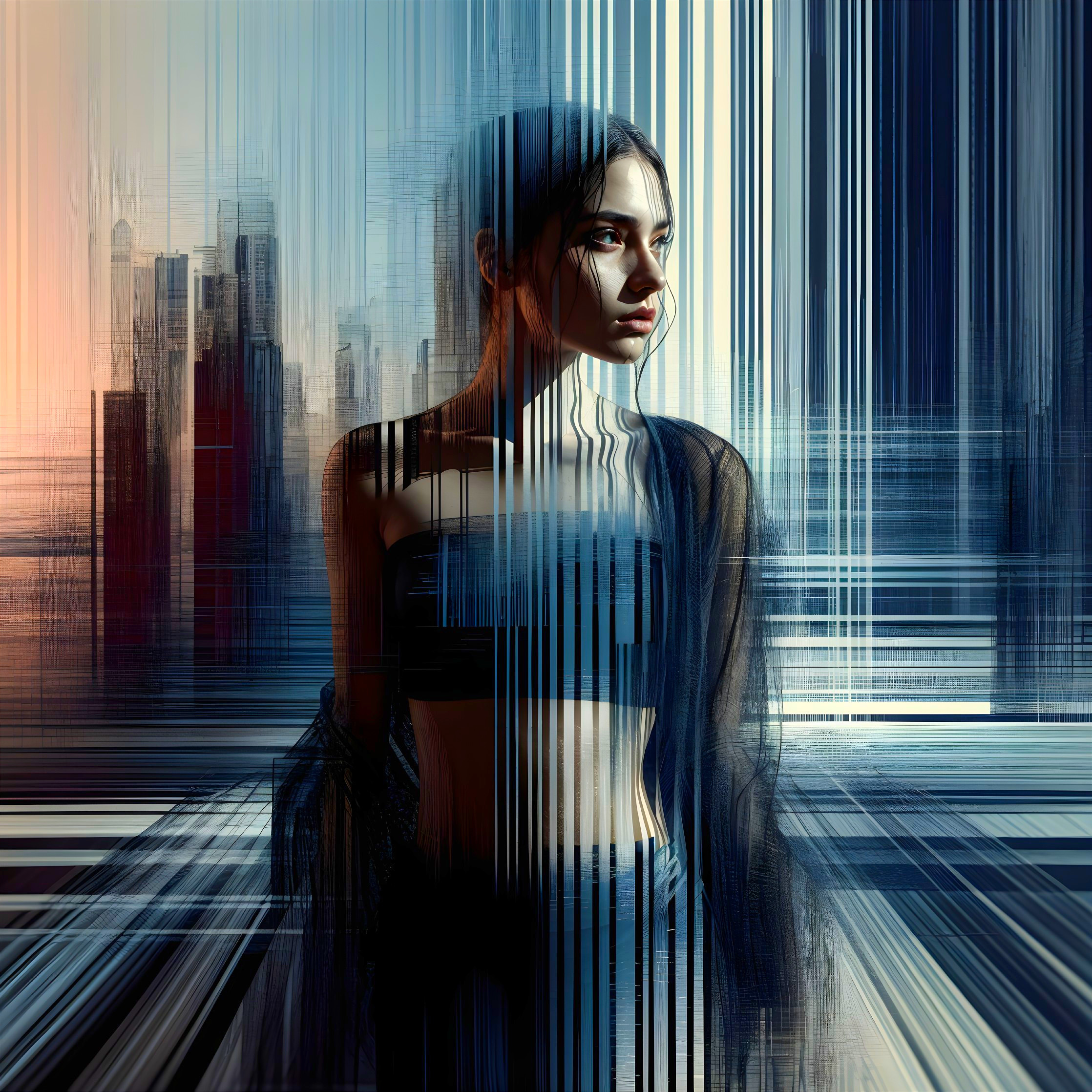 Digital Art of Woman Against City Skyline Background